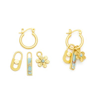 Gold hoop interchangeable charm earring with turquoise inlay and floral design dangling charms