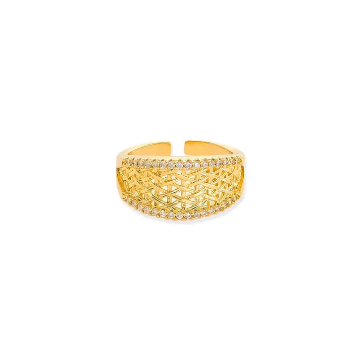 18K gold rhodium plated CZ ring with woven lattice and clear crystals