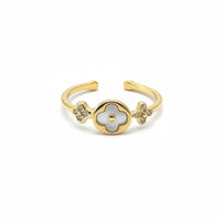 Gold-toned clover adjustable ring with a central white mother-of-pearl flower and diamond-studded floral accents