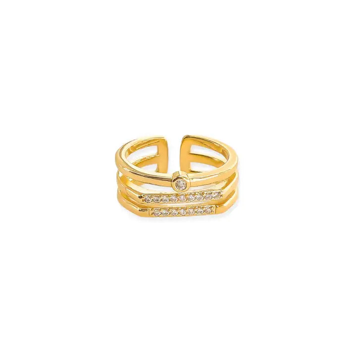Triple layer CZ gold ring with stacked bands, diamond and pave stones