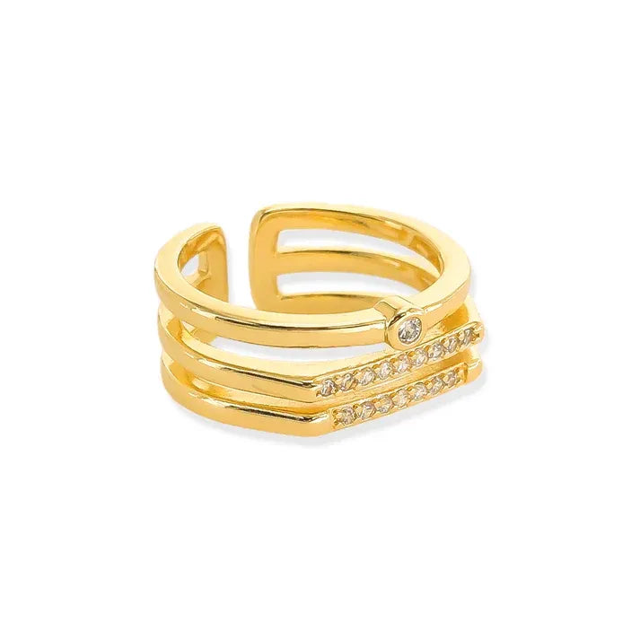 Triple layer CZ gold ring with stacked bands and clear crystals