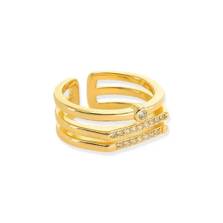 Triple layer CZ gold ring with stacked bands and clear crystals