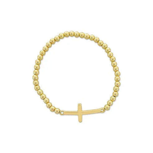 Gold-toned cross beaded stretch bracelet with simple cross pendant featuring gold beads and elastic band design