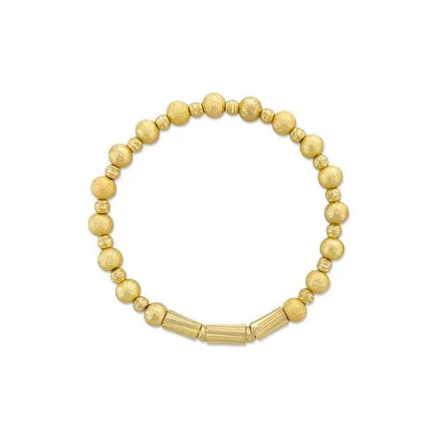 Gold-toned beaded stretch bracelet featuring round and cylindrical textured beads for elegant style