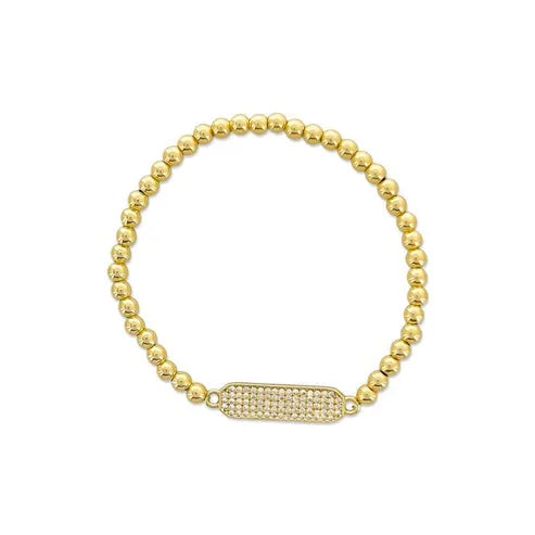 Gold-toned beaded stretch bracelet with a rectangular pave-set crystal accent plate for elegant wear