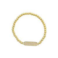 Gold-toned beaded stretch bracelet with a rectangular pave-set crystal accent plate for elegant wear