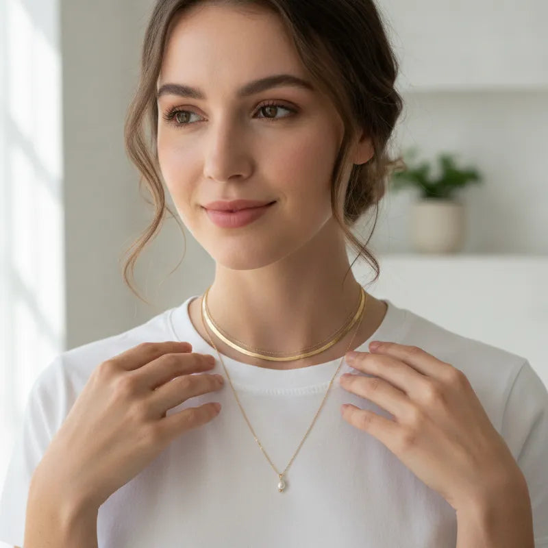 Gold-toned choker necklace featuring a delicate double snake chain with a small pearl charm pendant