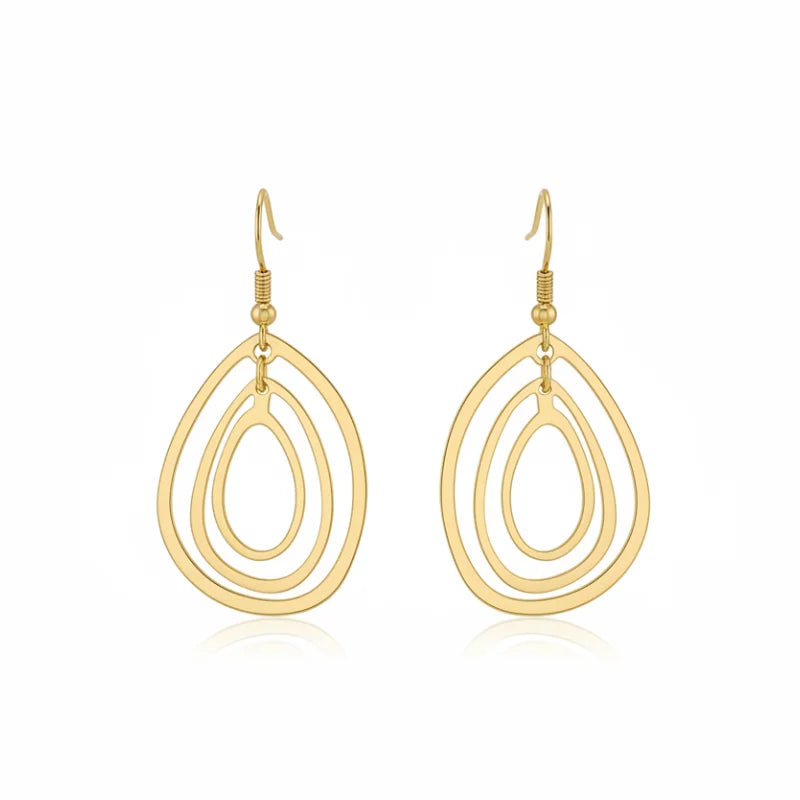 Gold-toned multi oval shape teardrop dangle earrings with cutouts