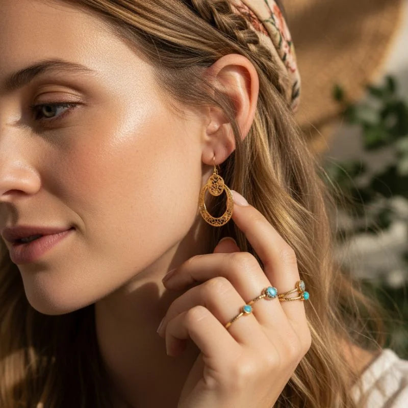 Boho filigree hoop earrings in gold tone with lace-like detailing