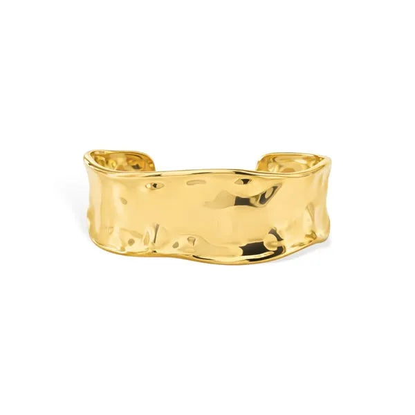 Gold-toned hammered surface water resistant cuff bracelet with textured irregular steel design