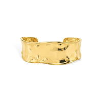 Gold-toned hammered surface water resistant cuff bracelet with textured irregular steel design
