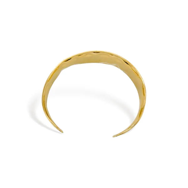 Gold-toned steel hammered surface water resistant cuff bracelet with sleek open design and hammered texture