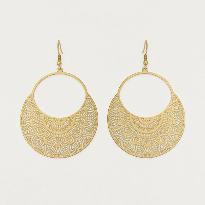 Gold-toned filigree metal drop earrings with intricate mandala patterns