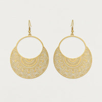 Gold-toned filigree metal drop earrings with intricate mandala patterns