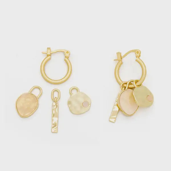 Gold-toned interchangeable charm earring with matte finish dangling charms and subtle pink accents