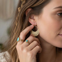 Boho filigree metal drop earring with gold tone, turquoise stone