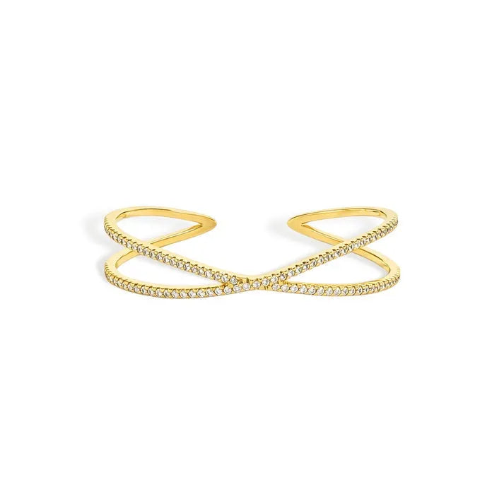Gold-toned crisscross shape open cuff with an infinity ring design adorned with continuous sparkling diamonds