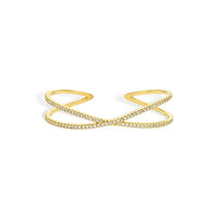 Gold-toned crisscross shape open cuff with an infinity ring design adorned with continuous sparkling diamonds