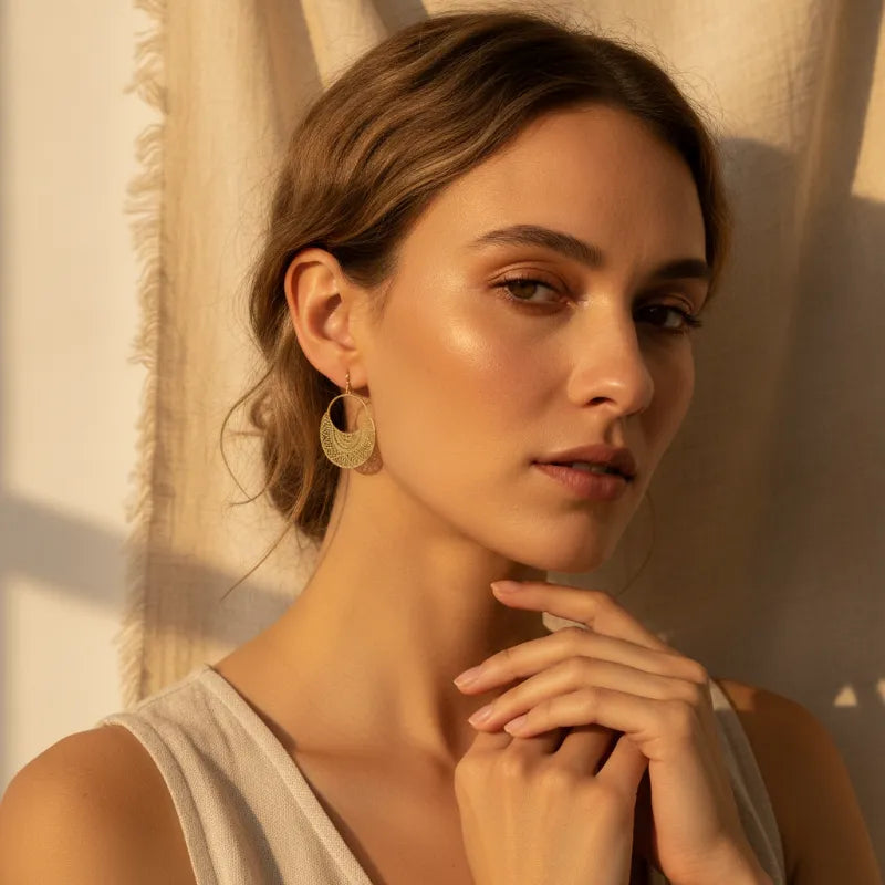 Gold-toned boho filigree metal drop earring with intricate filigree detailing and delicate openwork design
