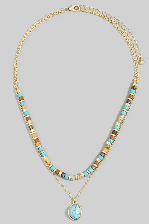Gold-toned layered turquoise stone drop bead necklace featuring turquoise and earthy brown beads with matching pendant