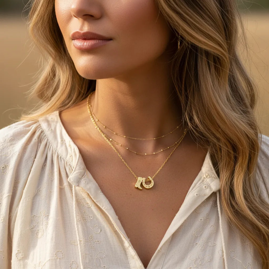 Gold dipped cowboy boots horse shoe charm necklace with 10 pendant
