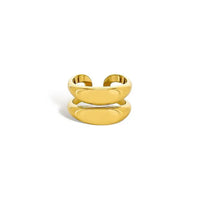 Gold-toned minimalist double band water resistant adjustable ring with two overlapping oval bands and modern design