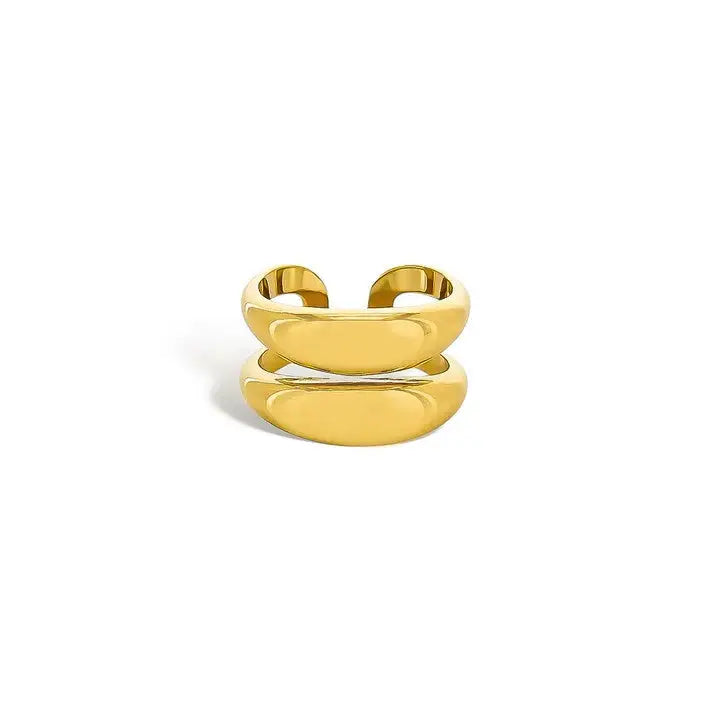Gold-toned minimalist double band water resistant adjustable ring with two overlapping oval bands and modern design