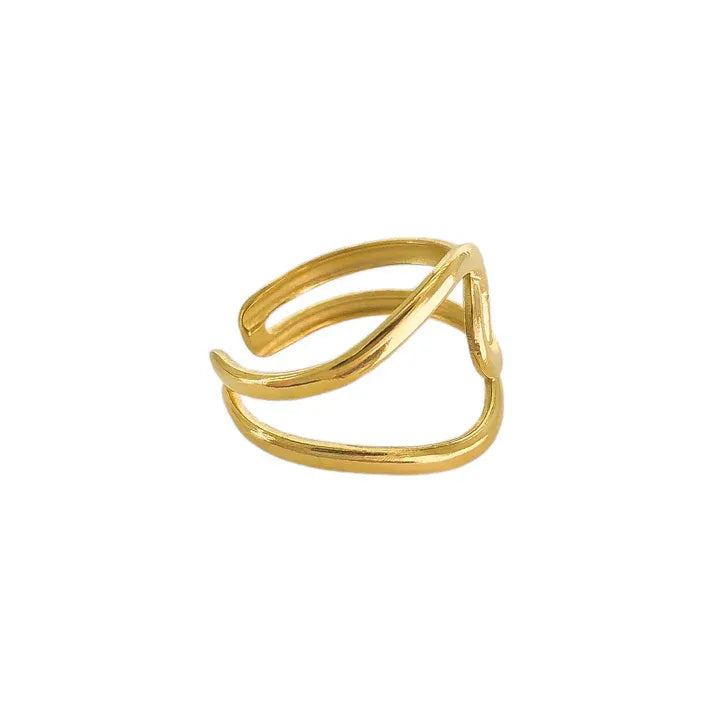 Gold-toned minimalist interlocked water resistant ring with sleek open-ended design featuring two bands