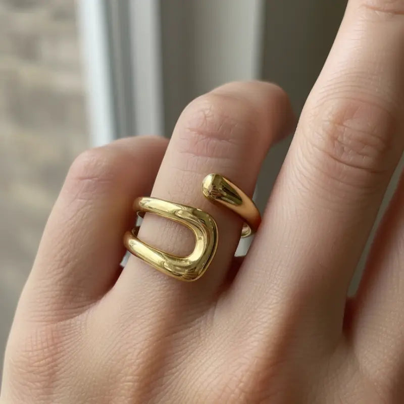 Bohemian gold organic open ring with gold-toned minimalist design featuring two interlocking curved bands