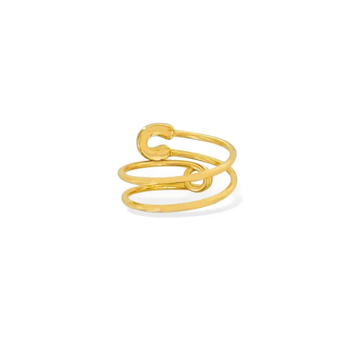 Gold-toned safety pin design ring with coiled loops, water resistant