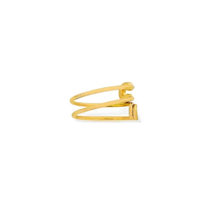 Gold-toned safety pin design ring with open-ended intertwined bands
