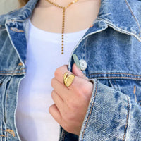 Gold-toned water resistant open overlapping leaf ring, asymmetrical design