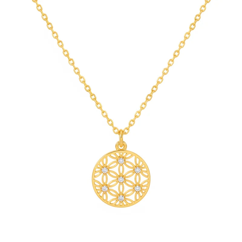 Gold flower coin pendant necklace with crystal floral design