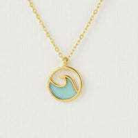 Dainty wave coin gold pendant necklace with turquoise design