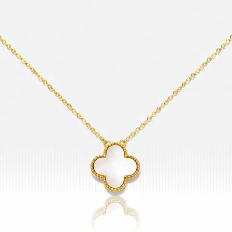 Pearl clover pendant necklace with gold-toned four-leaf clover and mother-of-pearl center