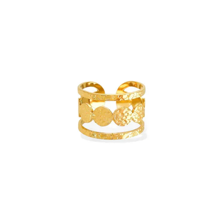 Gold-toned water resistant ring circle pattern with textured medallions