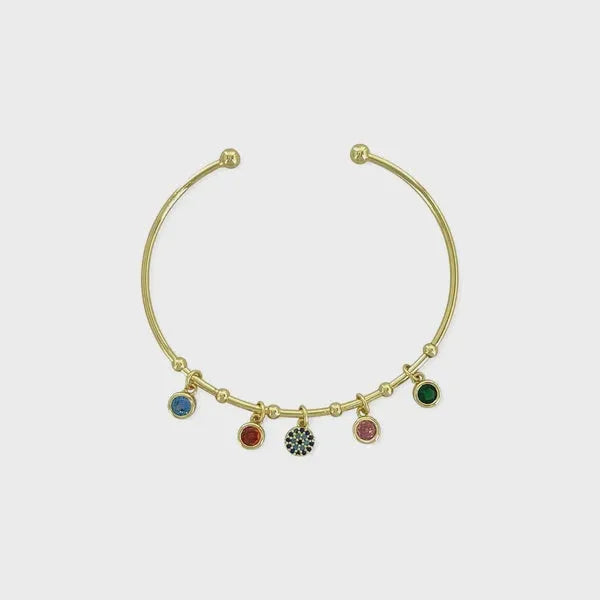 Gold-toned open bangle evil eye color cz cuff with five colorful gemstone charms in blue red black pink and green