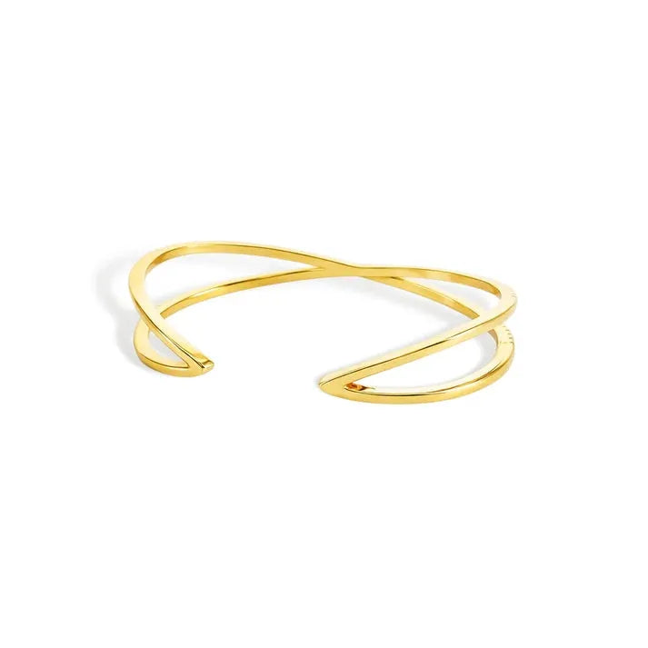 Gold-toned shape open cuff bracelet with sleek modern design featuring two intersecting bands crisscross shape open cuff