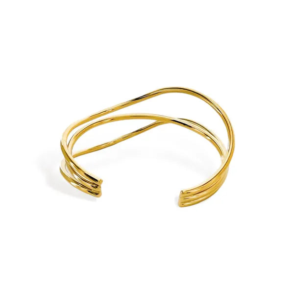Gold-toned open cuff bracelet with three intertwined sleek metallic curved bands water resistant three design