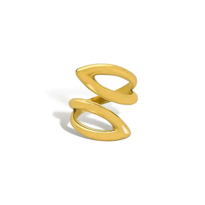Water resistant two teardrop shapes ring with gold-toned interlocking ovals