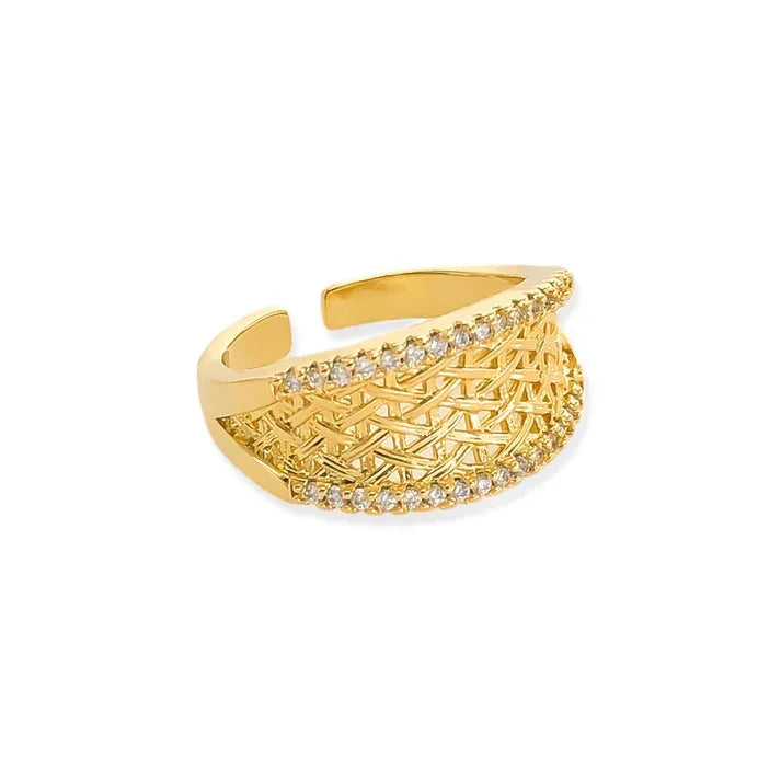 18K gold rhodium plated CZ ring with woven lattice and pave diamonds