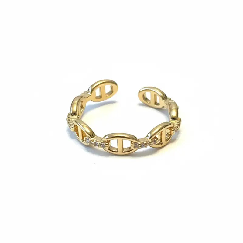 Gold-toned mariner link adjustable ring with chain-link design and small clear stones along the band