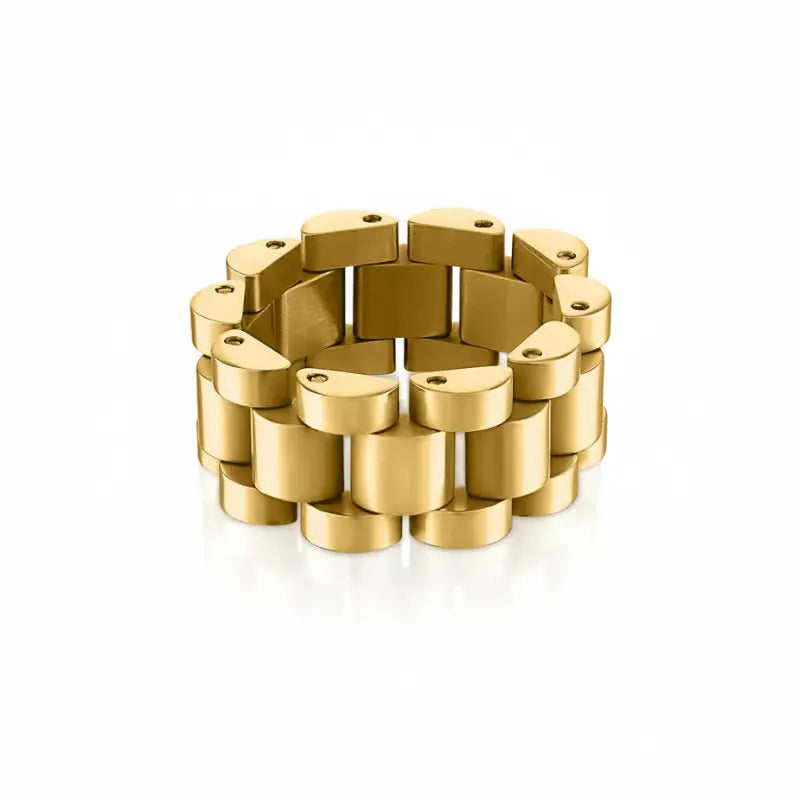 Gold toned gold dipped link statement ring with interlocking rectangular links and a sleek modern design