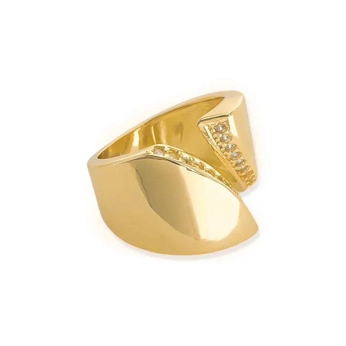 18K gold CZ ring with bold angular design and clear cubic zirconia stones