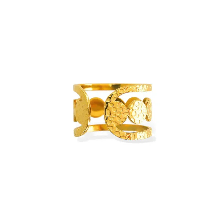 Gold-toned water resistant ring circle pattern with hammered crescent moon