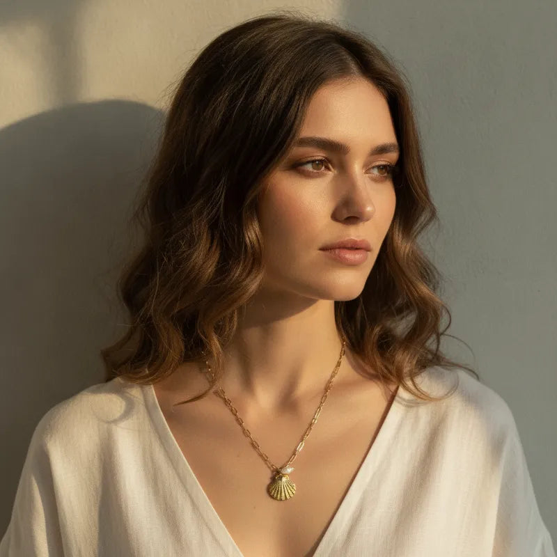 Gold-toned delicate chain necklace featuring a chic dainty marine shell pendant in elegant shell pendant design