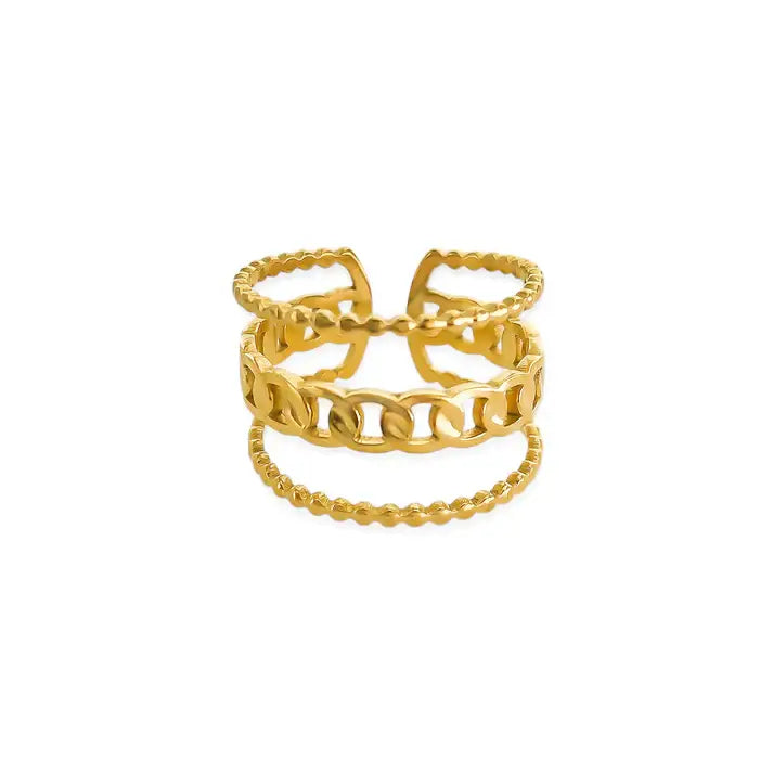 Water resistant three layers ring with gold-toned curb, beaded, openwork chains