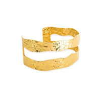 Gold-toned hammered double layer wavy cuff bracelet with a textured hammered finish and an open design
