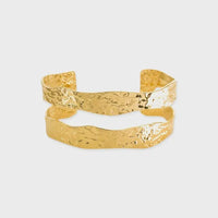 Gold-toned hammered double layer wavy cuff bracelet with textured hammered finish and open-ended design