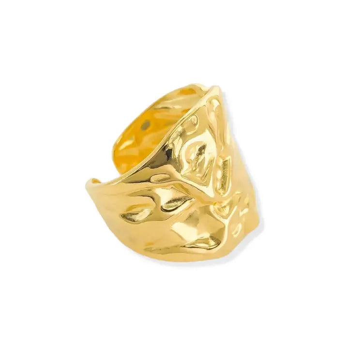 Gold-toned water resistant wrinkle design ring with textured abstract sculptural back